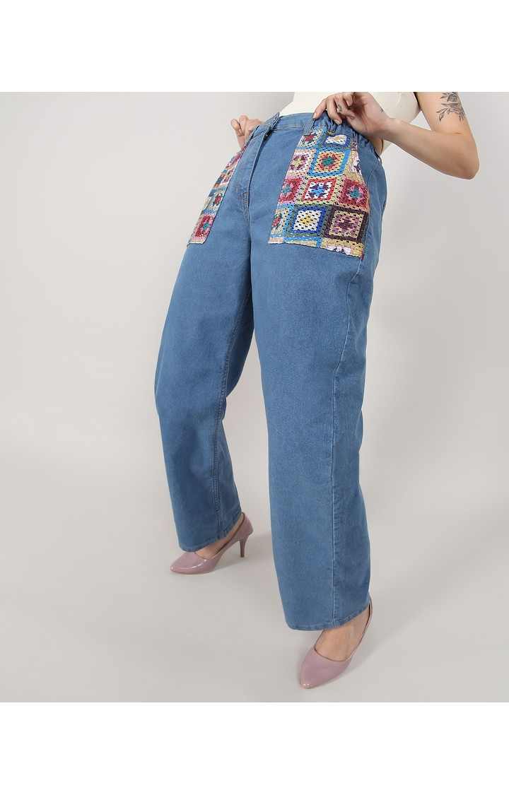 Women's Light Blue Patchwork Denim Mom Jeans