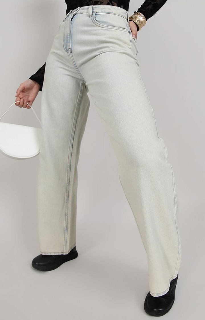 Women's Light Blue Solid Denim Flared Jeans