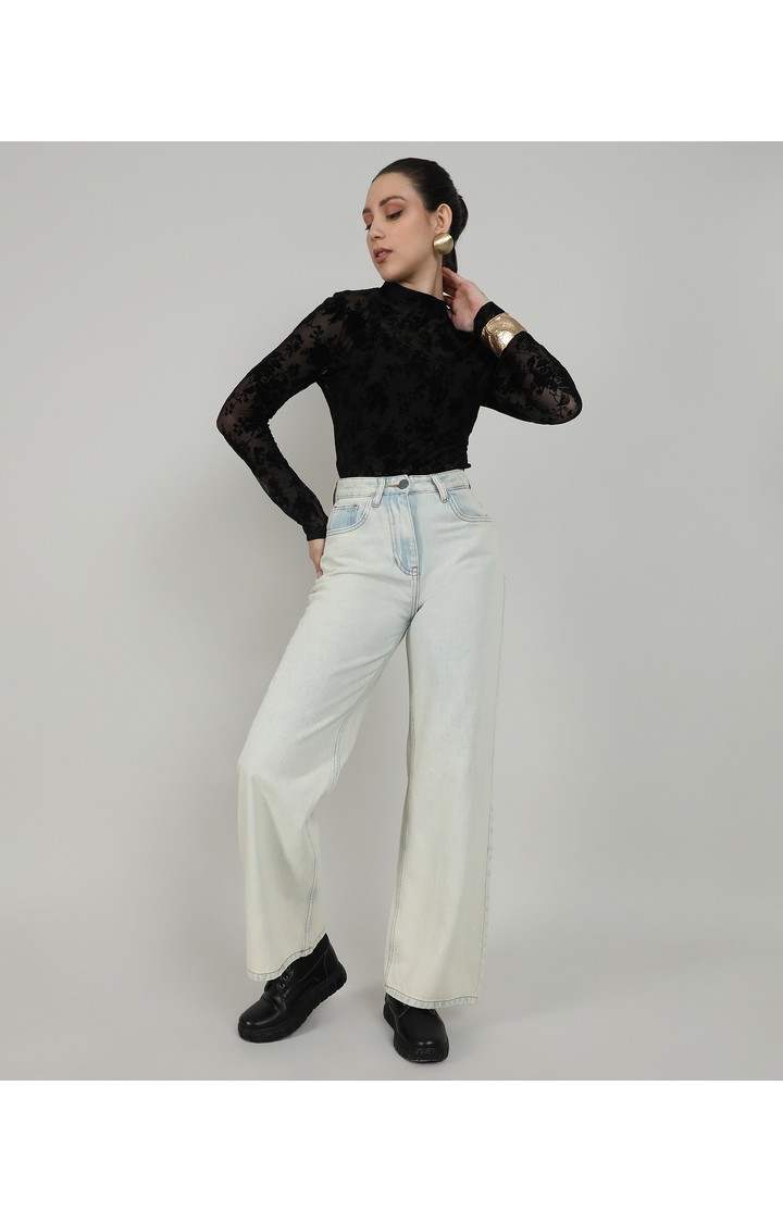Women's Light Blue Solid Denim Flared Jeans