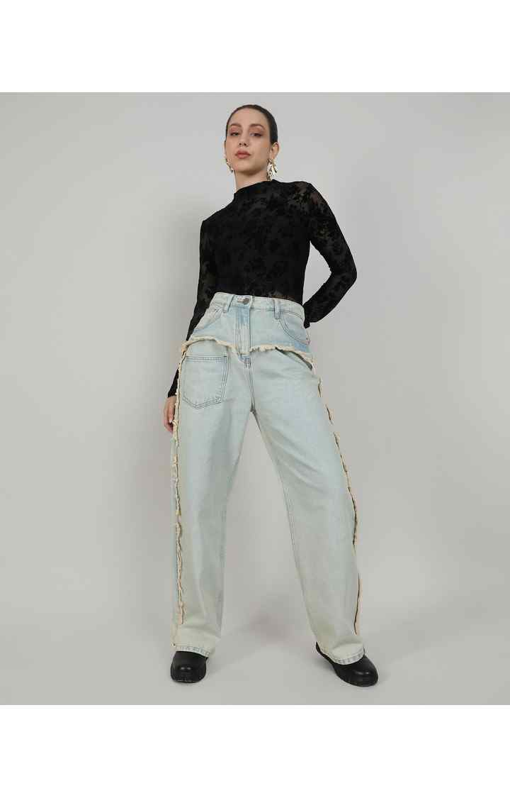 Women's Light Blue Solid Denim Straight Jeans