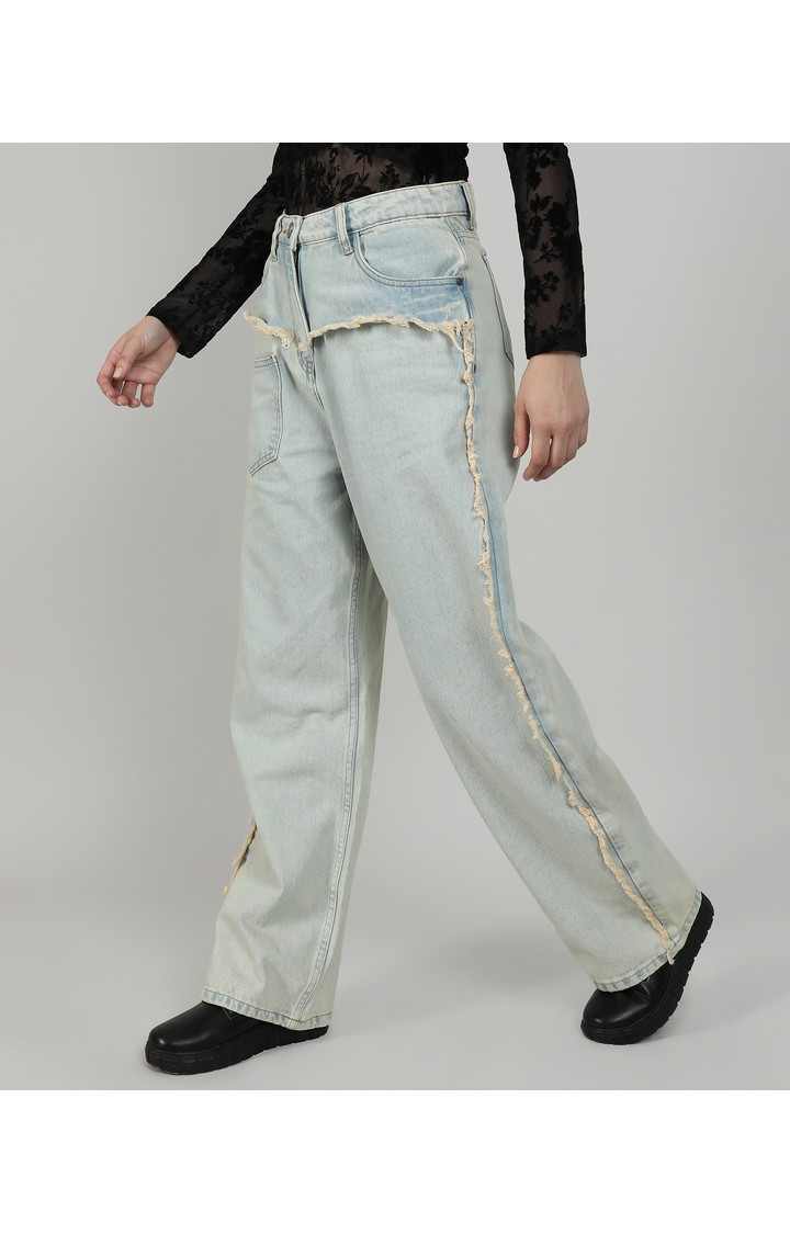 Women's Light Blue Solid Denim Straight Jeans