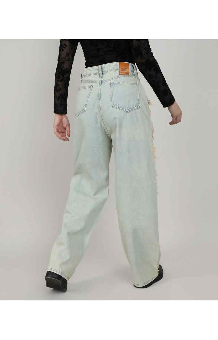 Women's Light Blue Solid Denim Straight Jeans