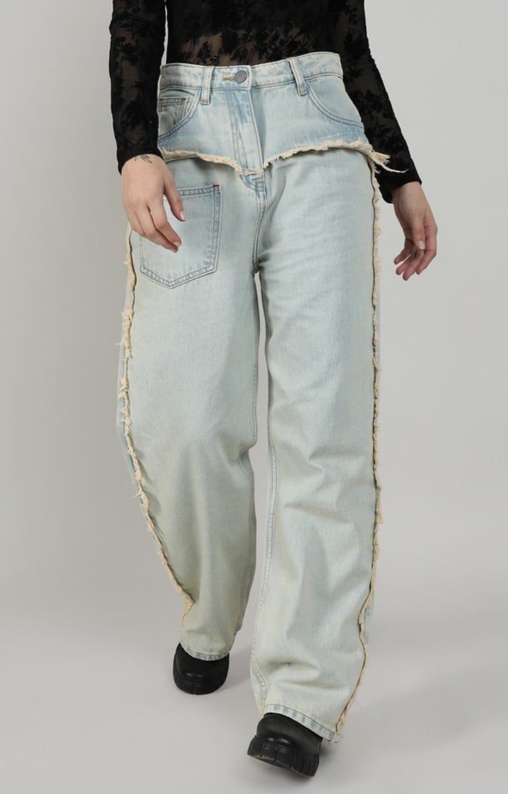 Women's Light Blue Solid Denim Straight Jeans