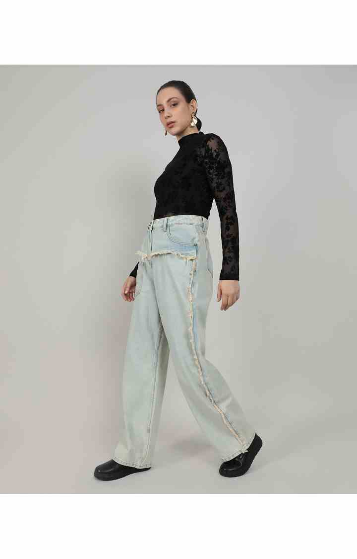 Women's Light Blue Solid Denim Straight Jeans