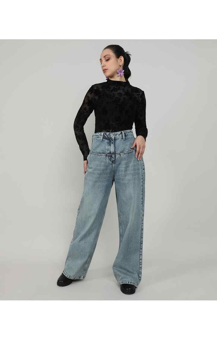 Women's Navy Blue Solid Denim Straight Jeans