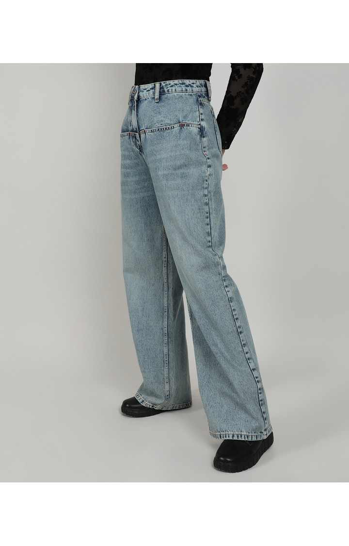 Women's Navy Blue Solid Denim Straight Jeans