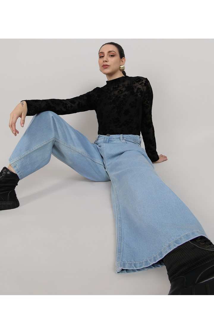 Women's Light Blue Solid Denim Straight Jeans