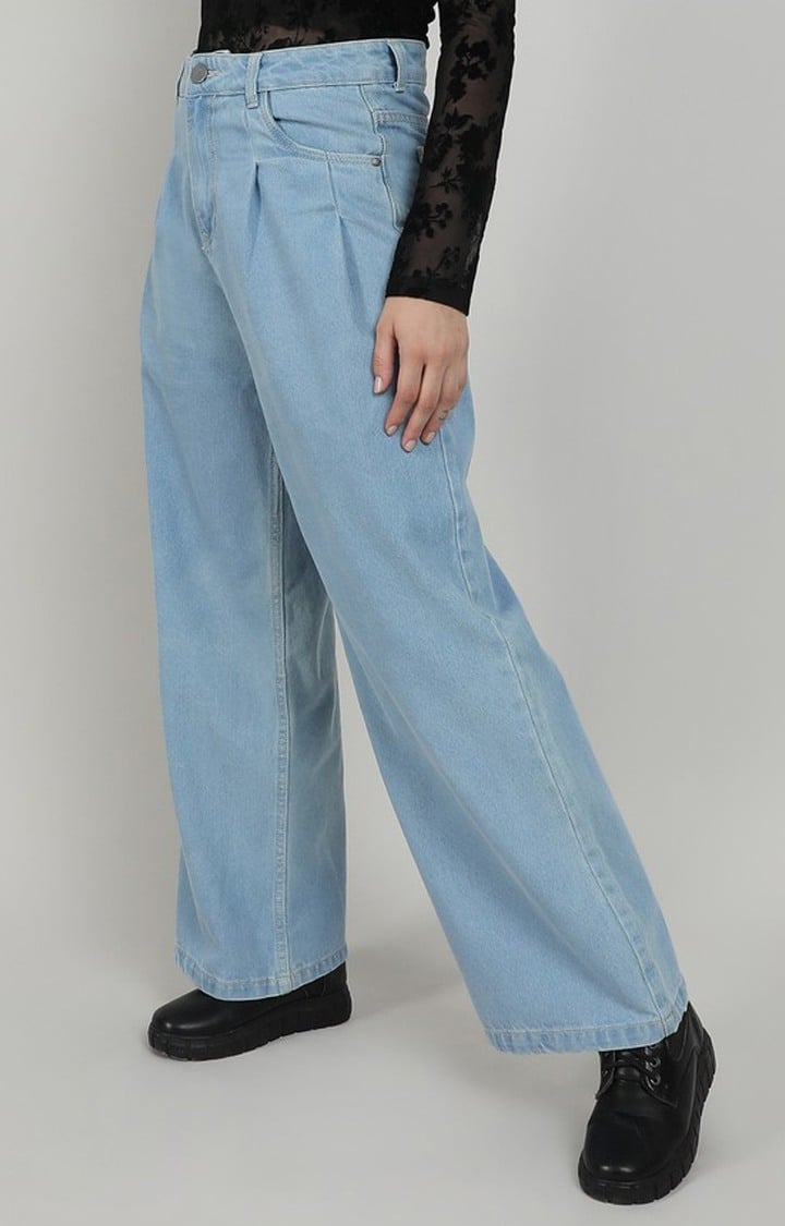 Women's Light Blue Solid Denim Straight Jeans