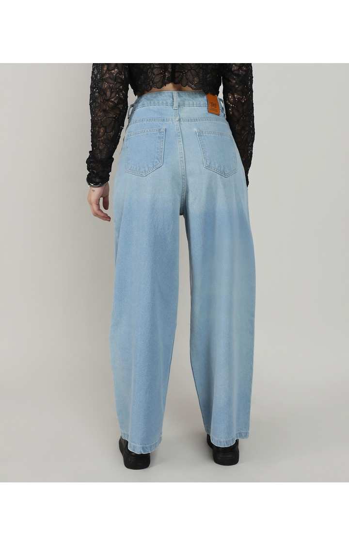 Women's Light Blue Solid Denim Straight Jeans