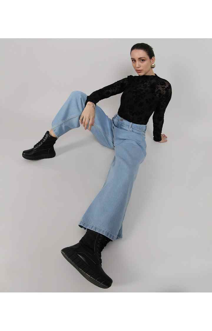 Women's Light Blue Solid Denim Straight Jeans