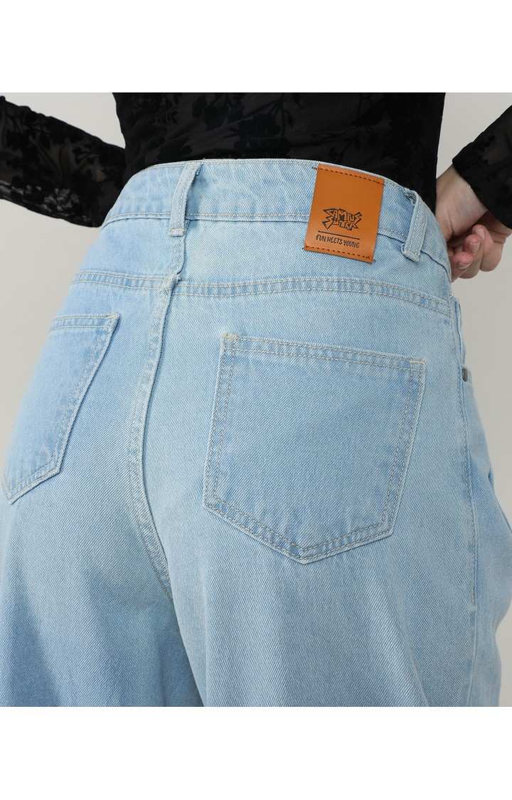 Women's Light Blue Solid Denim Straight Jeans