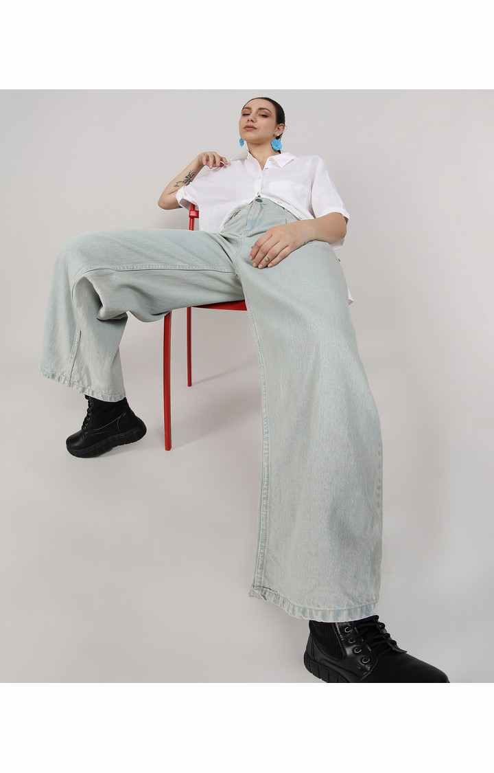 Women's Icy Blue Solid Denim Straight Jeans