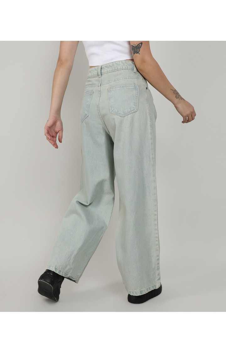 Women's Icy Blue Solid Denim Straight Jeans