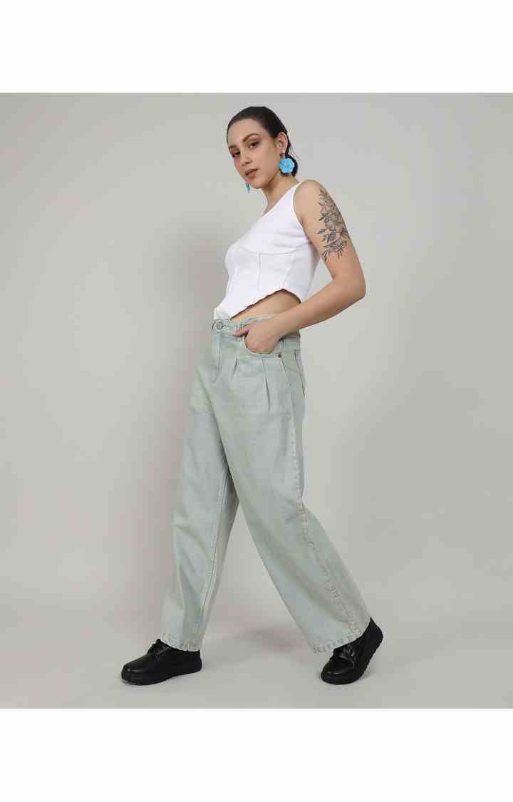 Women's Icy Blue Solid Denim Straight Jeans