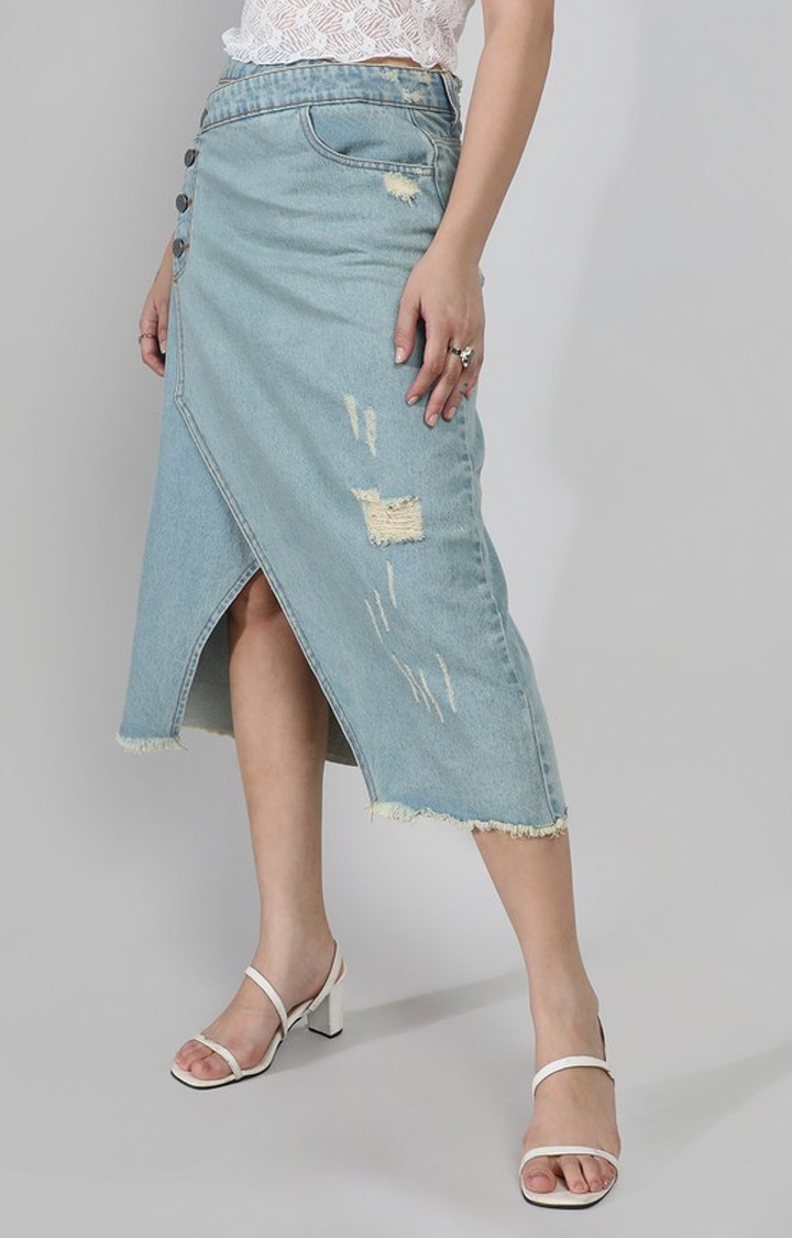 Women's Light Blue Solid Denim Skirts
