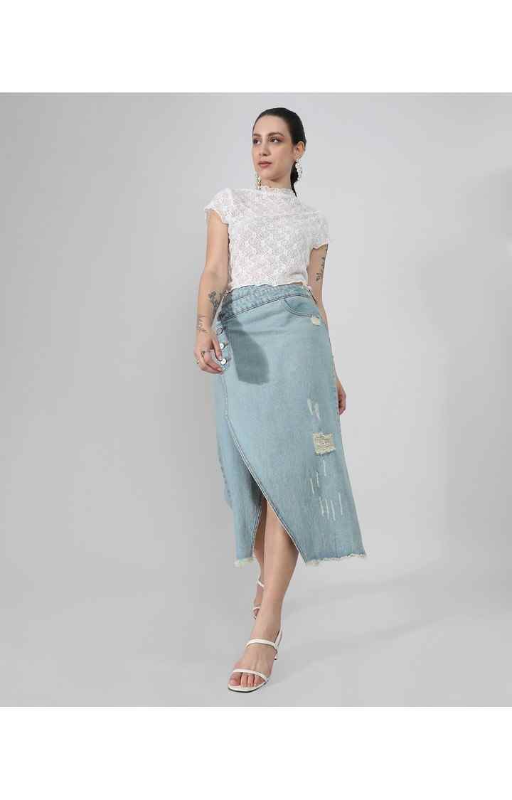 Women's Light Blue Solid Denim Skirts
