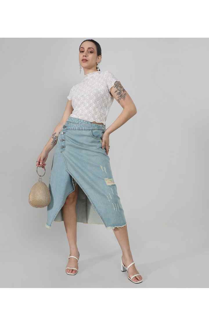 Women's Light Blue Solid Denim Skirts