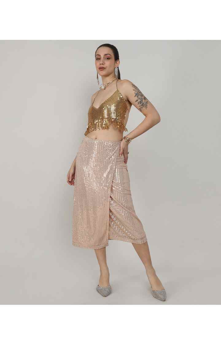 Women's Beige Embalished Polyester Skirts