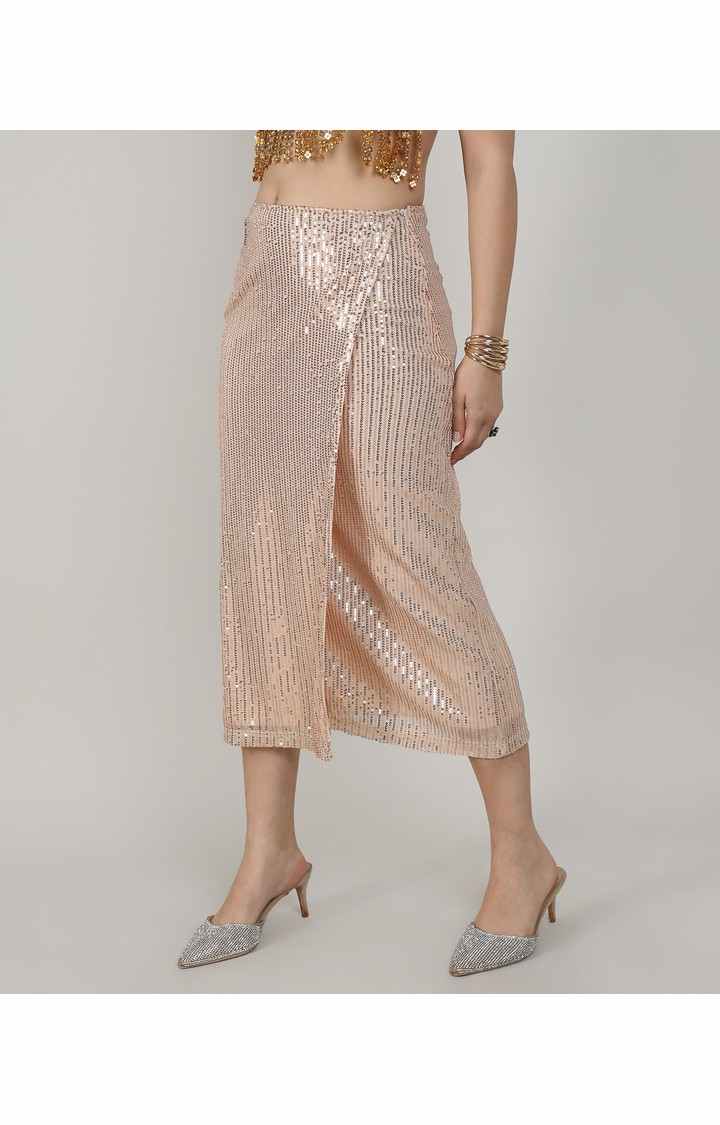 Women's Beige Embalished Polyester Skirts