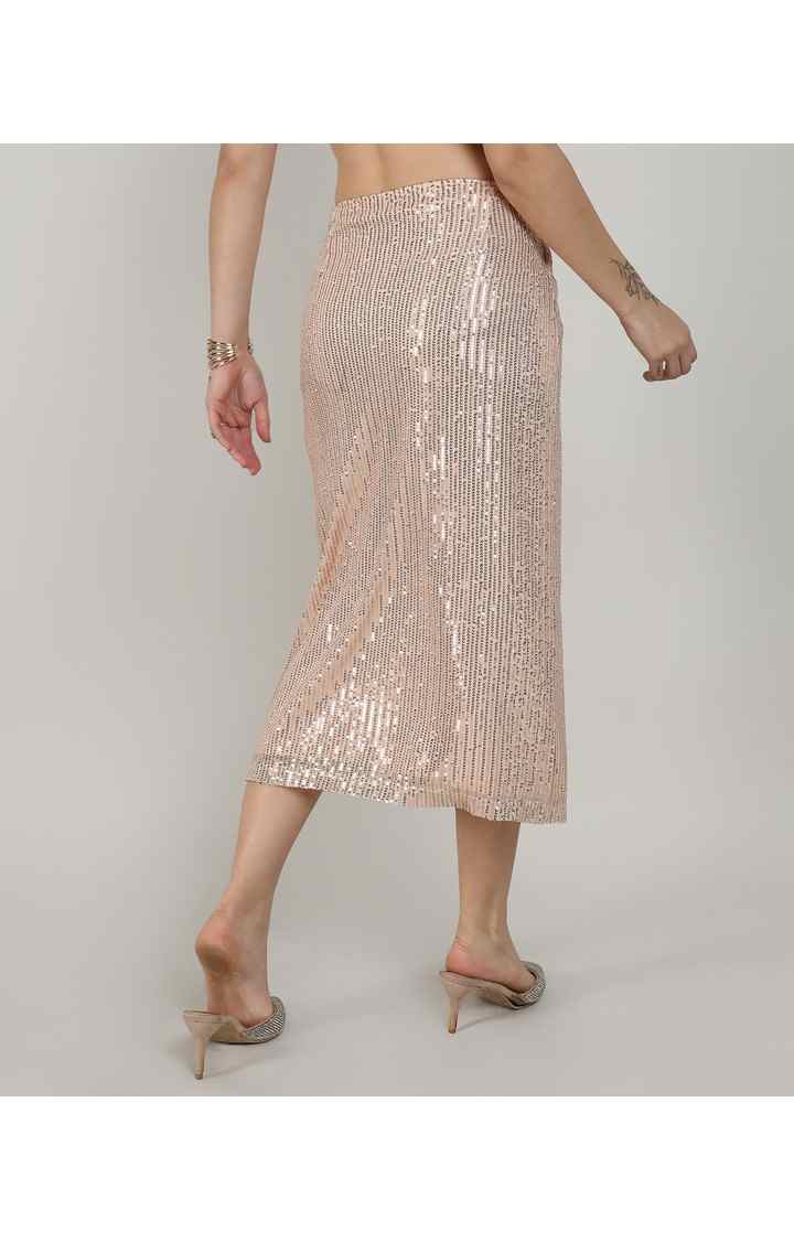 Women's Beige Embalished Polyester Skirts