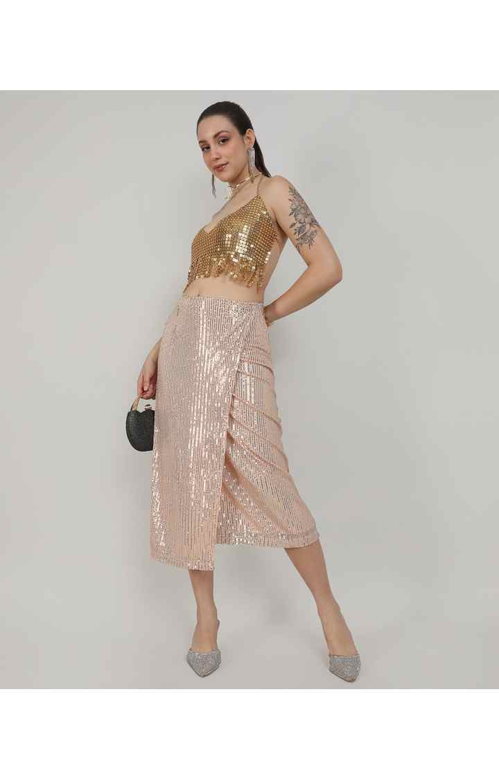 Women's Beige Embalished Polyester Skirts