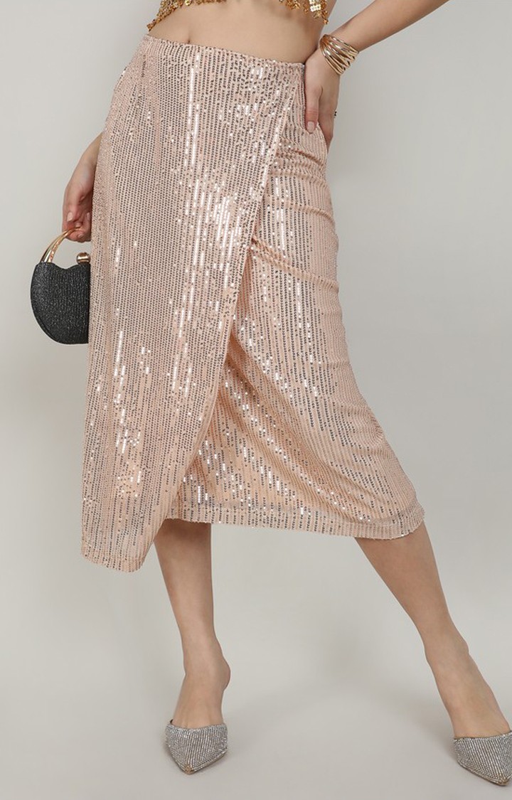 Women's Beige Embalished Polyester Skirts