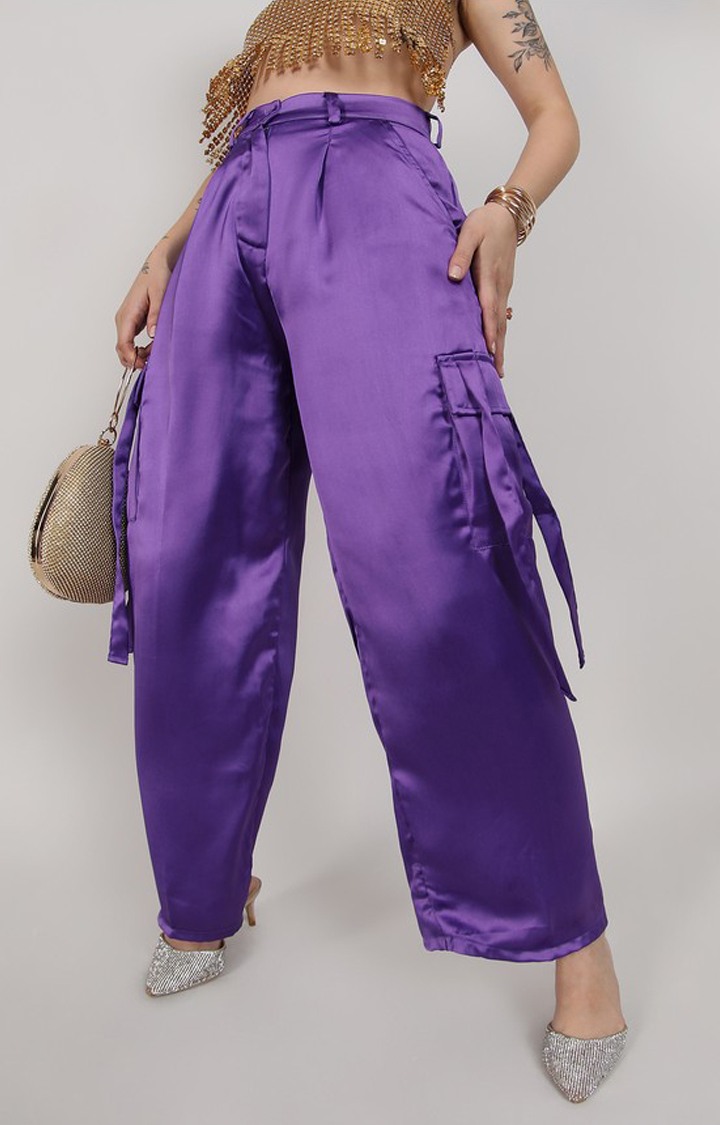 Women's Violet Purple Solid Polyester Cargos