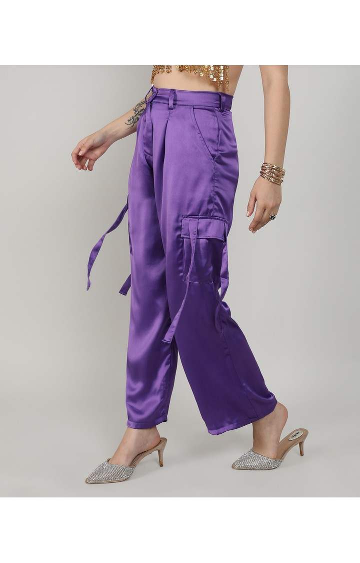 Women's Violet Purple Solid Polyester Cargos