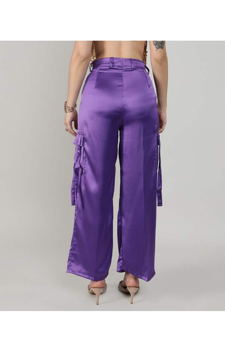 Women's Violet Purple Solid Polyester Cargos
