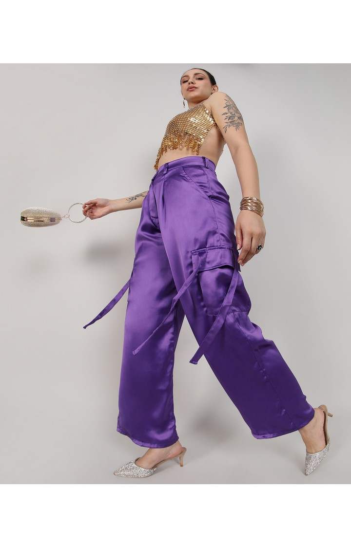 Women's Violet Purple Solid Polyester Cargos