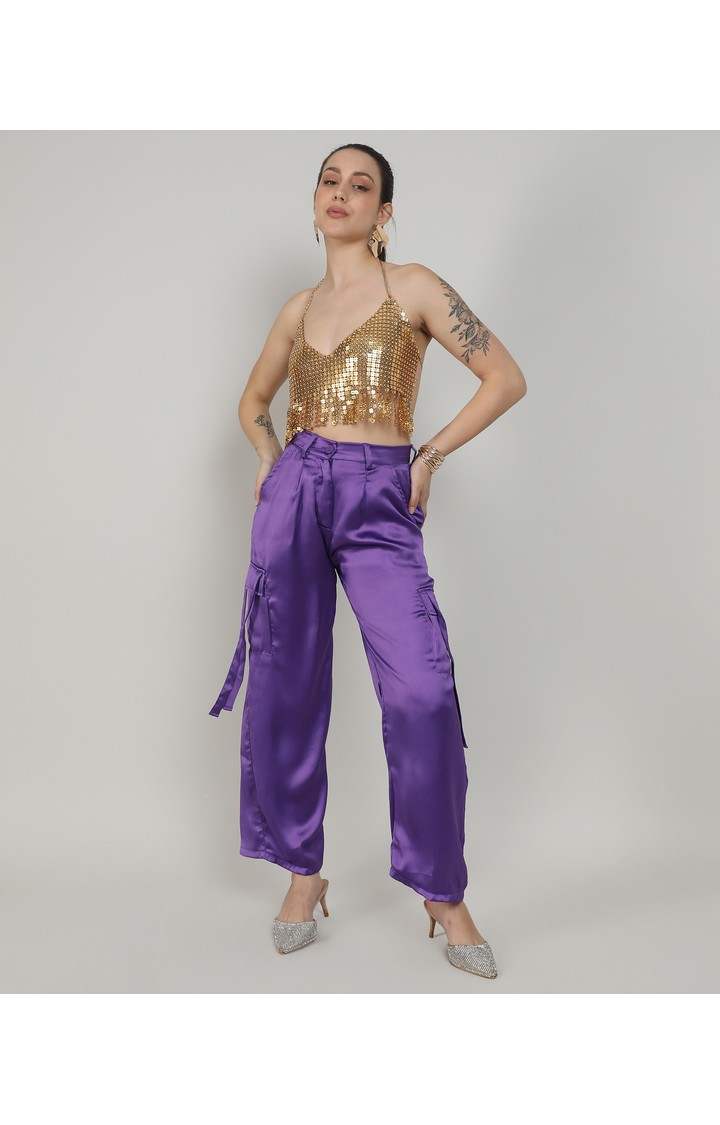 Women's Violet Purple Solid Polyester Cargos
