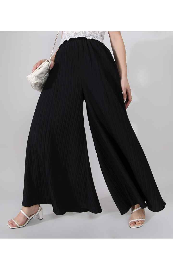 Women's Midnight Black Solid Polyester Trousers