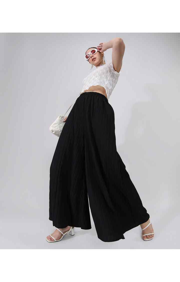 Women's Midnight Black Solid Polyester Trousers