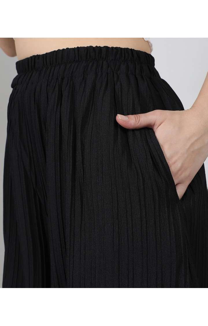 Women's Midnight Black Solid Polyester Trousers