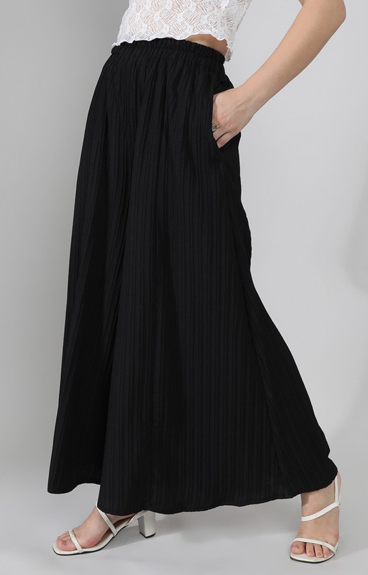 Women's Midnight Black Solid Polyester Trousers