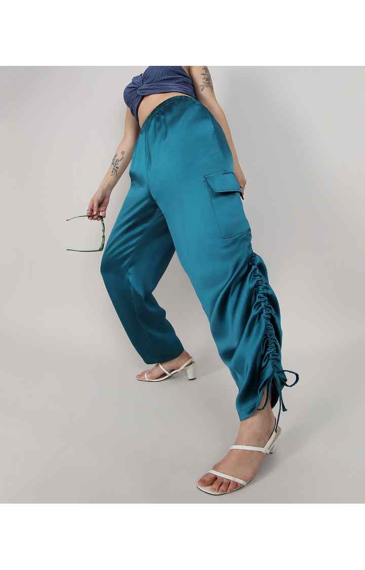 Women's Blue Solid Polyester Cargos