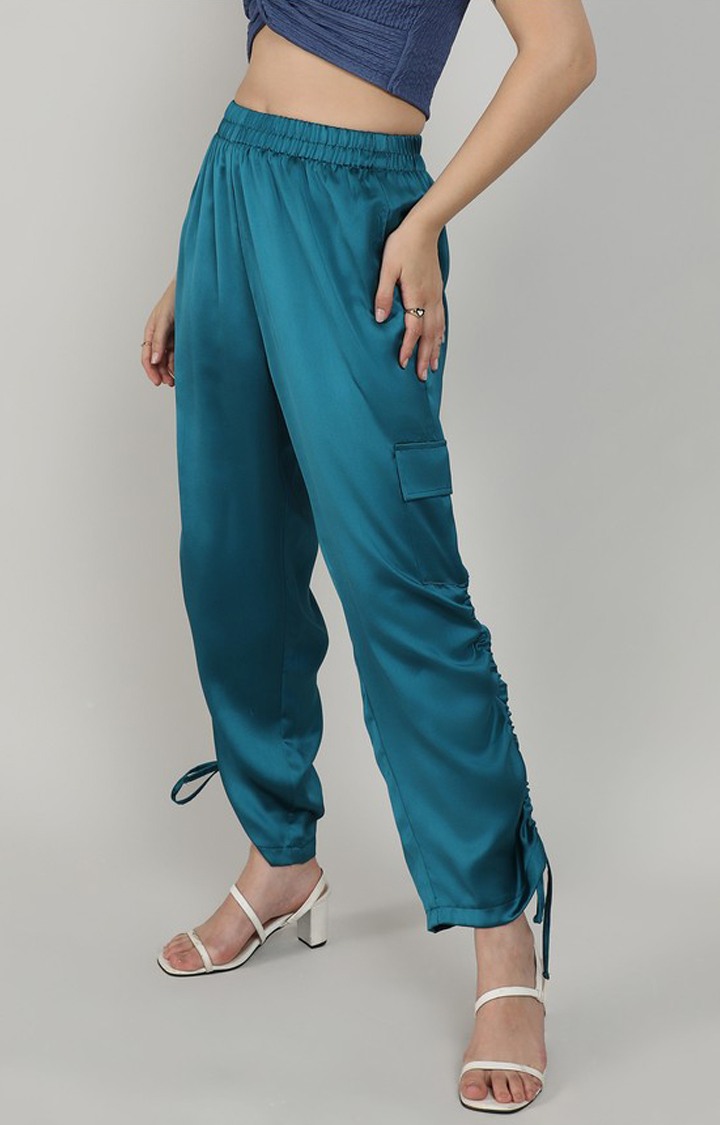 Women's Blue Solid Polyester Cargos