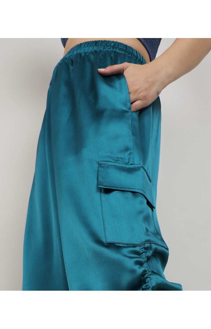 Women's Blue Solid Polyester Cargos