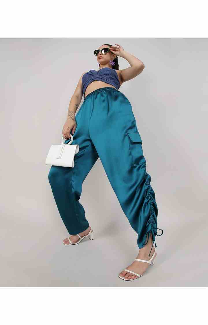 Women's Blue Solid Polyester Cargos