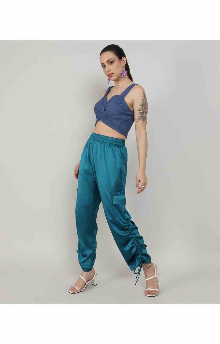 Women's Blue Solid Polyester Cargos