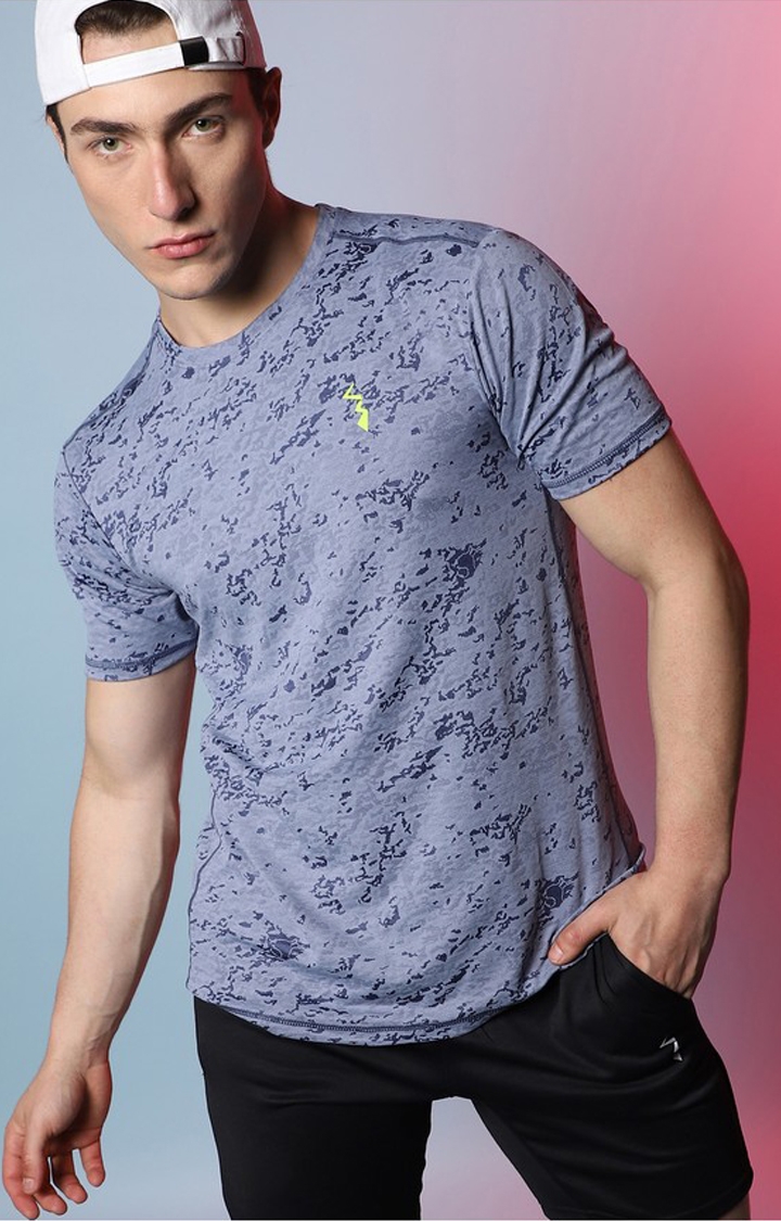 CAMPUS SUTRA | Men's Prussian Blue Printed Activewear T-Shirt
