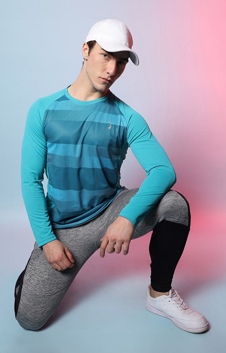 Men's Aqua Blue Printed Activewear T-Shirt