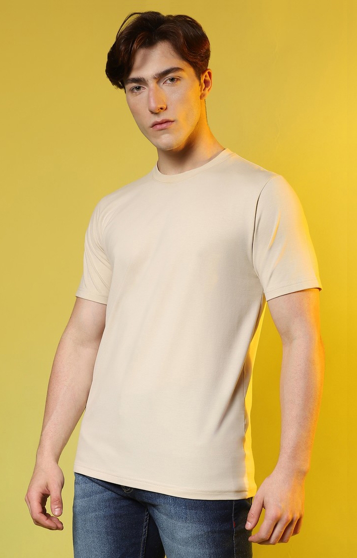 Men's Beige Solid Regular T-Shirt