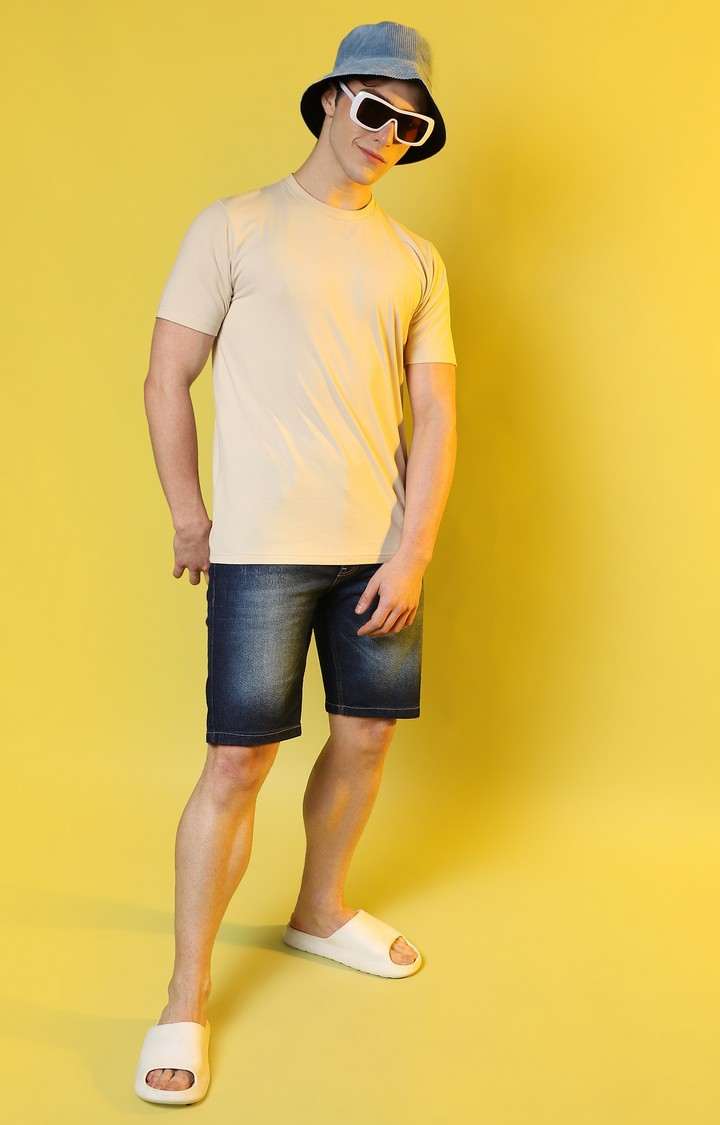 Men's Beige Solid Regular T-Shirts