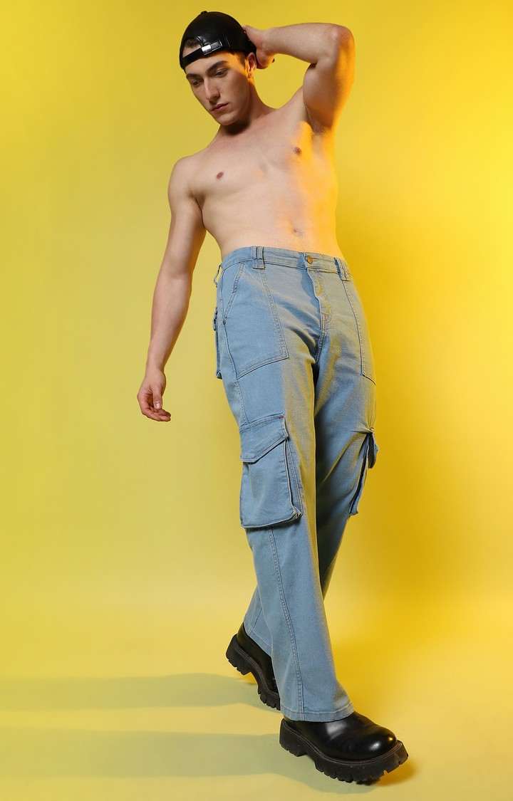 Men's Light Blue Solid Denim Cargos
