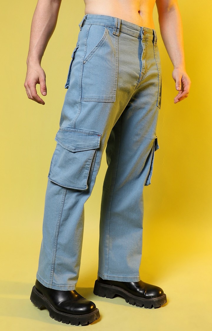 Men's Light Blue Solid Denim Cargos