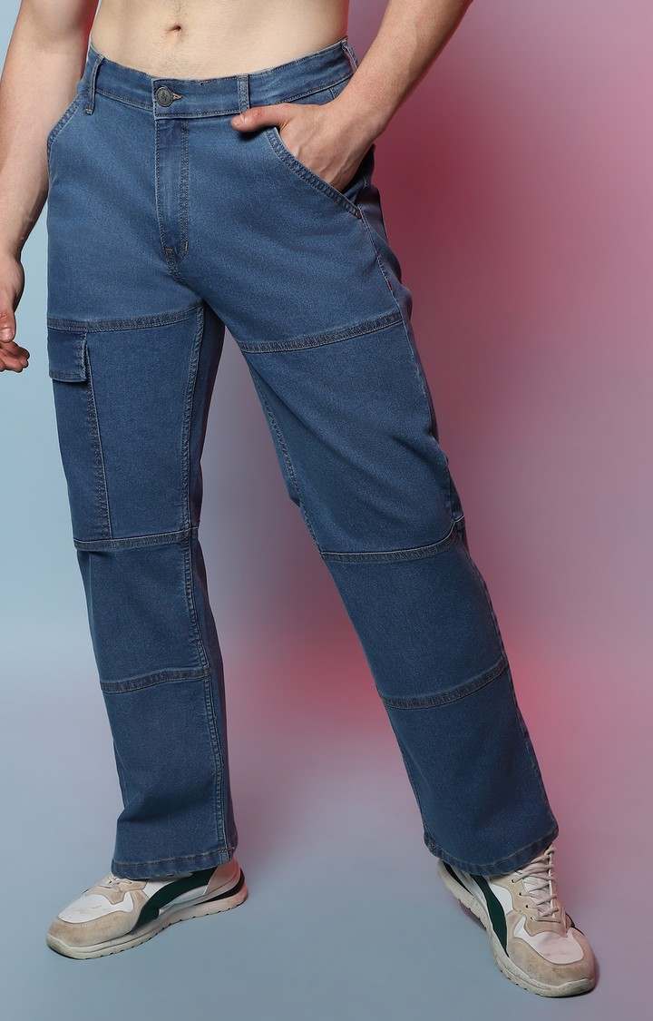 Men's Prussian Blue Solid Wide Leg Jeans