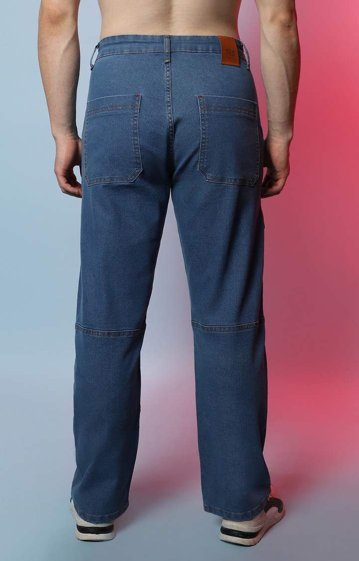 Men's Prussian Blue Solid Denim Cargos