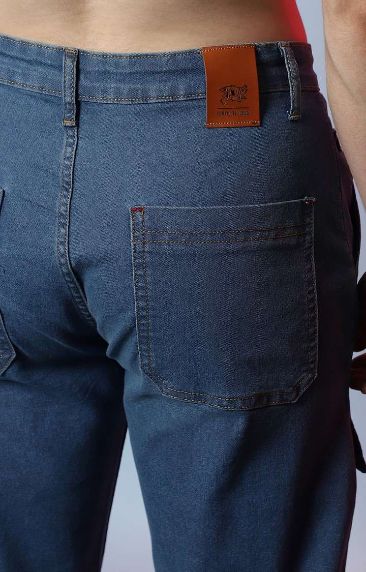 Men's Prussian Blue Solid Denim Cargos