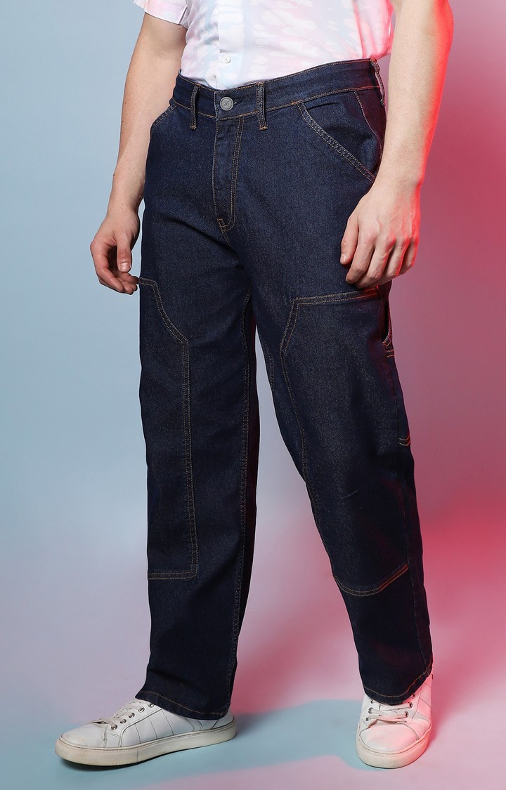 CAMPUS SUTRA | Men's Navy Blue Solid Wide Leg Jeans